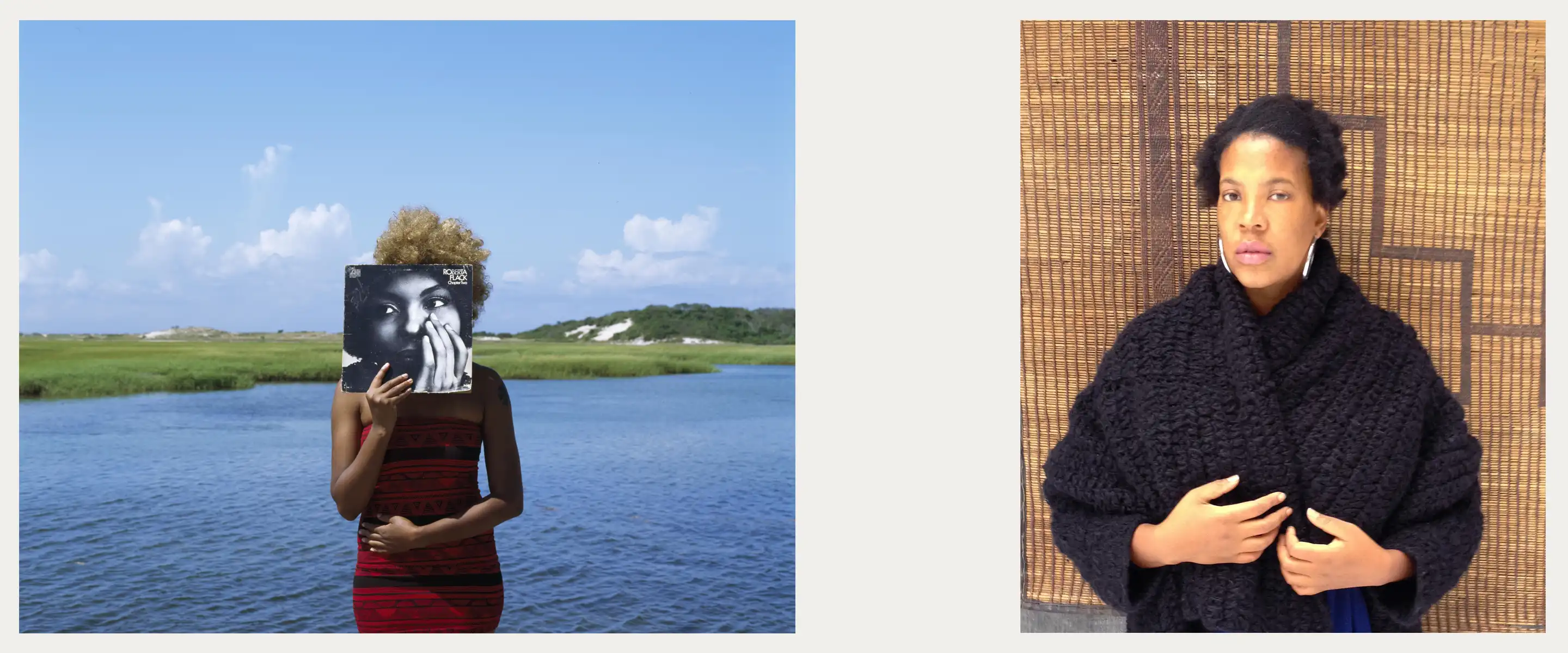 Image 1: Artist Xaviera Simmons poses with album sleeve for her work 'Roberta Flack Black Afro,' 2009.  Image 2: Portrait of the artist