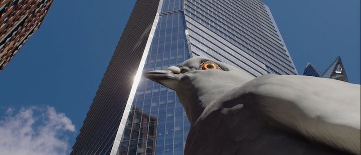An art work of a giant pigeon sits on the New York High Line at Frieze New York 2025.