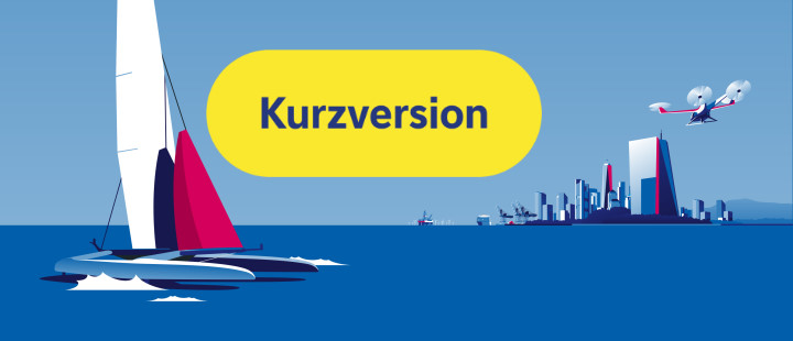 CIO Jahresausblick 2025 horizontale Illustration, die den Ozean mit einem Katamaran links und einer Stadtsilhouette rechts zeigt, mit einer fliegenden Drohne in der oberen rechten Ecke.