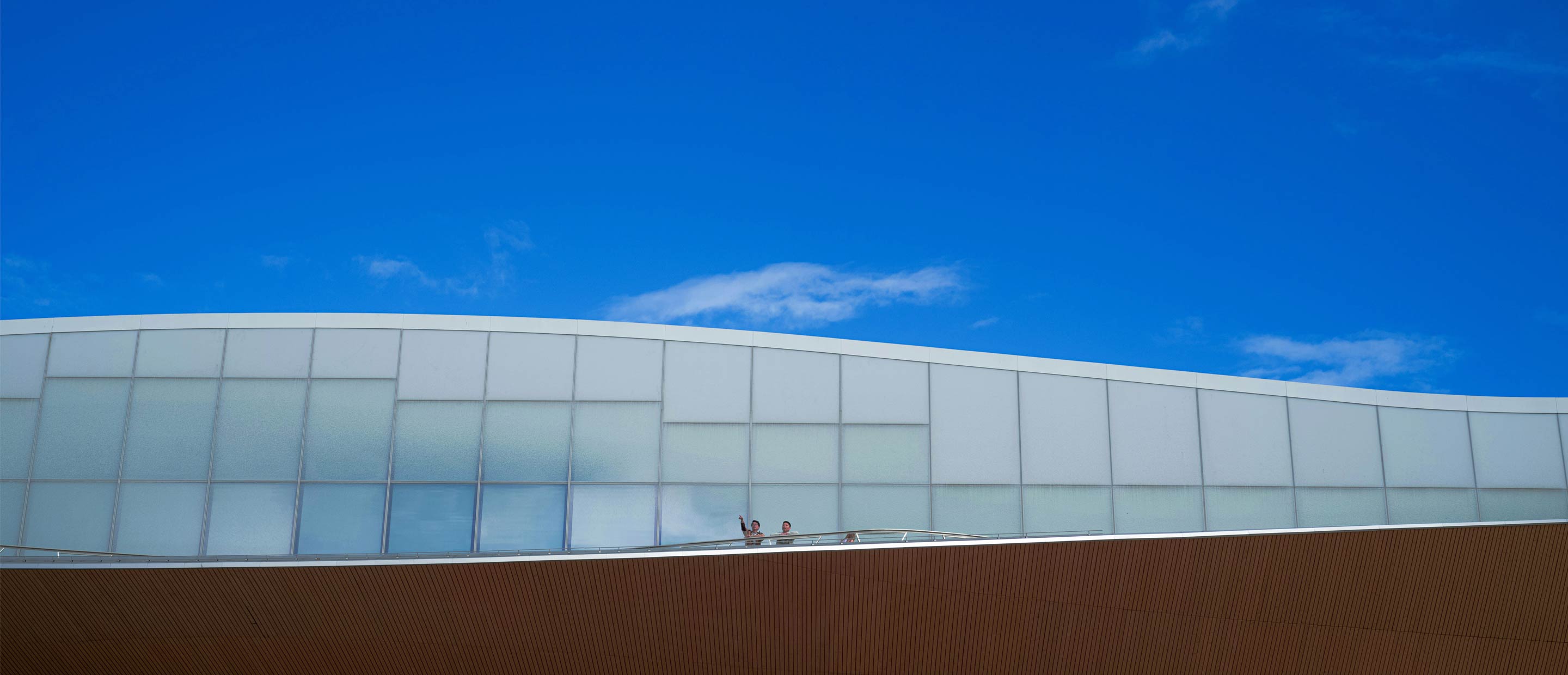 A wavy building roof with two small figures in front